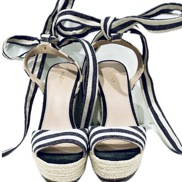 👡⚓ ALDO Anilmalia Espadrille Wedge Sandals |‎ Navy White Preppy Stripes Sz 8.5 - Picture 1 of 7